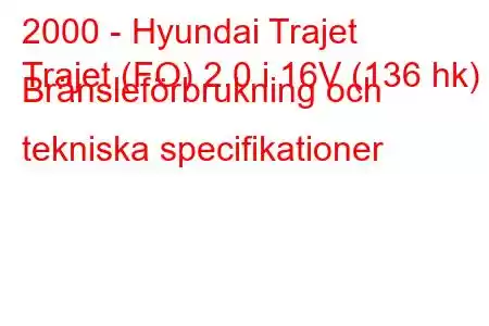 2000 - Hyundai Trajet
Trajet (FO) 2.0 i 16V (136 hk) Bränsleförbrukning och tekniska specifikationer