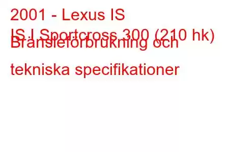 2001 - Lexus IS
IS I Sportcross 300 (210 hk) Bränsleförbrukning och tekniska specifikationer