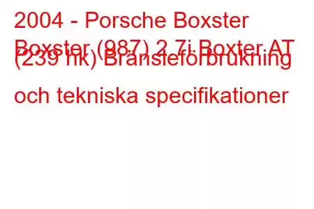 2004 - Porsche Boxster
Boxster (987) 2.7i Boxter AT (239 hk) Bränsleförbrukning och tekniska specifikationer