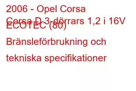 2006 - Opel Corsa
Corsa D 3-dörrars 1,2 i 16V ECOTEC (80) Bränsleförbrukning och tekniska specifikationer