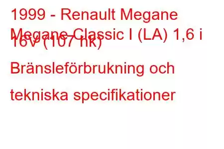 1999 - Renault Megane
Megane Classic I (LA) 1,6 i 16V (107 hk) Bränsleförbrukning och tekniska specifikationer