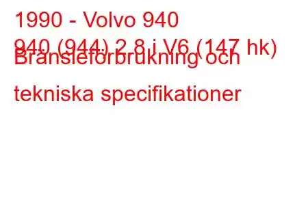 1990 - Volvo 940
940 (944) 2.8 i V6 (147 hk) Bränsleförbrukning och tekniska specifikationer