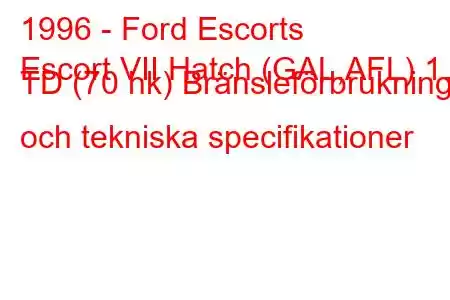 1996 - Ford Escorts
Escort VII Hatch (GAL,AFL) 1.8 TD (70 hk) Bränsleförbrukning och tekniska specifikationer