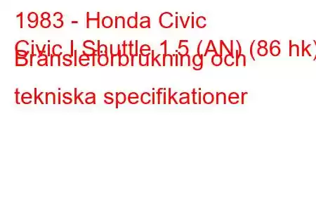 1983 - Honda Civic
Civic I Shuttle 1.5 (AN) (86 hk) Bränsleförbrukning och tekniska specifikationer