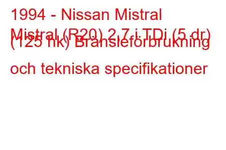 1994 - Nissan Mistral
Mistral (R20) 2,7 i TDi (5 dr) (125 hk) Bränsleförbrukning och tekniska specifikationer