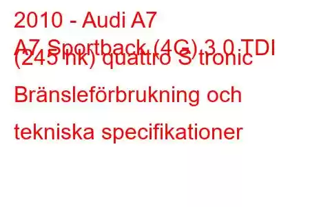 2010 - Audi A7
A7 Sportback (4G) 3.0 TDI (245 hk) quattro S tronic Bränsleförbrukning och tekniska specifikationer