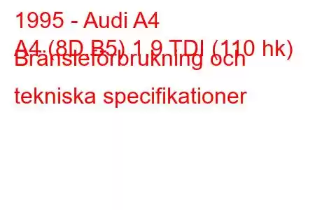 1995 - Audi A4
A4 (8D,B5) 1,9 TDI (110 hk) Bränsleförbrukning och tekniska specifikationer