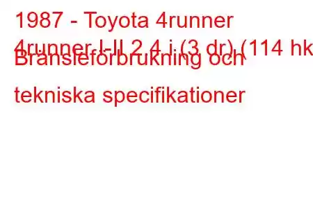 1987 - Toyota 4runner
4runner I-II 2.4 i (3 dr) (114 hk) Bränsleförbrukning och tekniska specifikationer