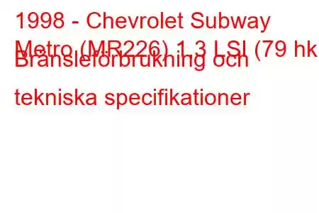 1998 - Chevrolet Subway
Metro (MR226) 1,3 LSI (79 hk) Bränsleförbrukning och tekniska specifikationer