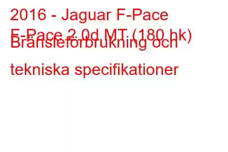 2016 - Jaguar F-Pace
F-Pace 2.0d MT (180 hk) Bränsleförbrukning och tekniska specifikationer