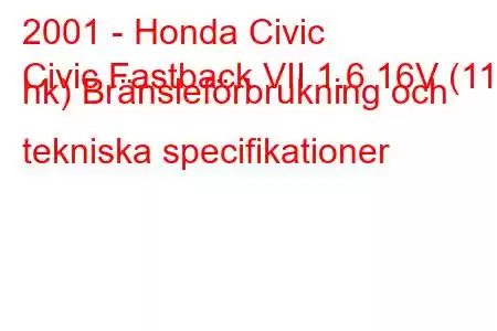 2001 - Honda Civic
Civic Fastback VII 1.6 16V (110 hk) Bränsleförbrukning och tekniska specifikationer