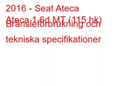 2016 - Seat Ateca
Ateca 1.6d MT (115 hk) Bränsleförbrukning och tekniska specifikationer