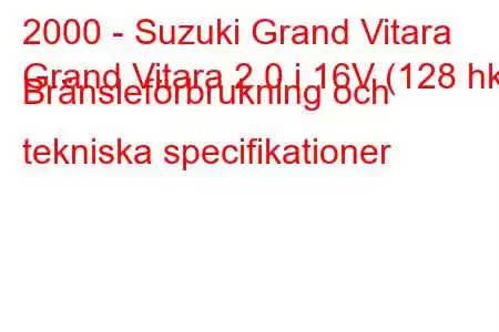 2000 - Suzuki Grand Vitara
Grand Vitara 2.0 i 16V (128 hk) Bränsleförbrukning och tekniska specifikationer