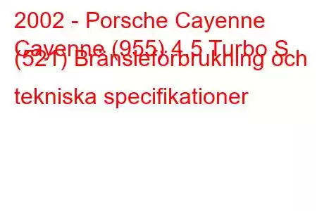 2002 - Porsche Cayenne
Cayenne (955) 4.5 Turbo S (521) Bränsleförbrukning och tekniska specifikationer