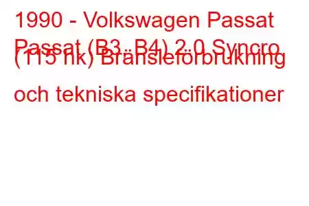 1990 - Volkswagen Passat
Passat (B3, B4) 2.0 Syncro (115 hk) Bränsleförbrukning och tekniska specifikationer