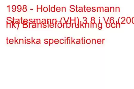 1998 - Holden Statesmann
Statesmann (VH) 3.8 i V6 (200 hk) Bränsleförbrukning och tekniska specifikationer