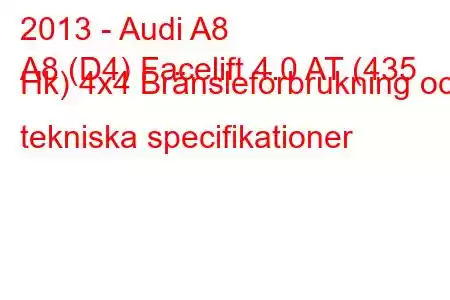 2013 - Audi A8
A8 (D4) Facelift 4.0 AT (435 Hk) 4x4 Bränsleförbrukning och tekniska specifikationer