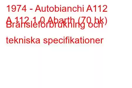 1974 - Autobianchi A112
A 112 1.0 Abarth (70 hk) Bränsleförbrukning och tekniska specifikationer