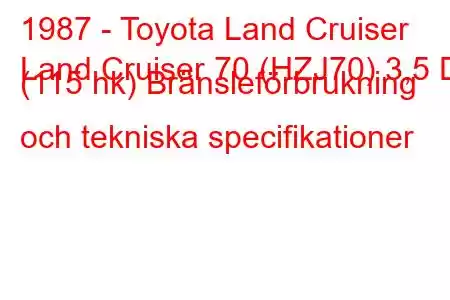 1987 - Toyota Land Cruiser
Land Cruiser 70 (HZJ70) 3,5 D (115 hk) Bränsleförbrukning och tekniska specifikationer