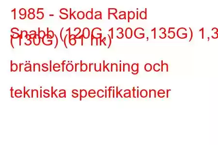 1985 - Skoda Rapid
Snabb (120G,130G,135G) 1,3 (130G) (61 hk) bränsleförbrukning och tekniska specifikationer