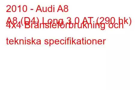 2010 - Audi A8
A8 (D4) Long 3.0 AT (290 hk) 4x4 Bränsleförbrukning och tekniska specifikationer