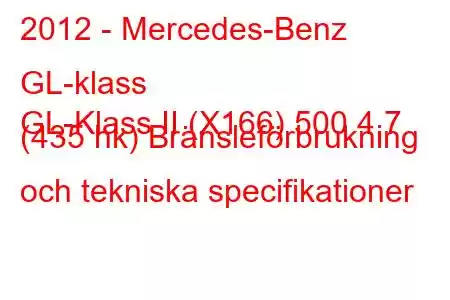 2012 - Mercedes-Benz GL-klass
GL-Klass II (X166) 500 4,7 (435 hk) Bränsleförbrukning och tekniska specifikationer