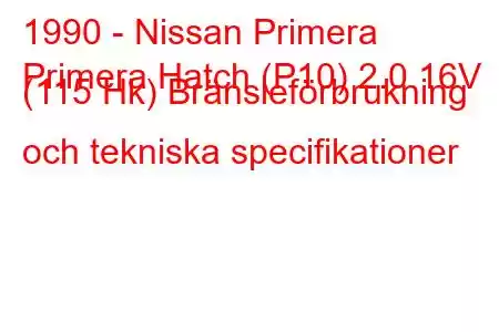 1990 - Nissan Primera
Primera Hatch (P10) 2.0 16V (115 Hk) Bränsleförbrukning och tekniska specifikationer