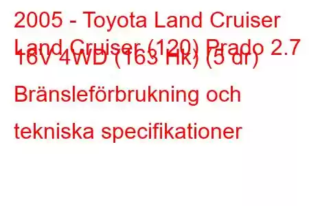 2005 - Toyota Land Cruiser
Land Cruiser (120) Prado 2.7 i 16V 4WD (163 Hk) (5 dr) Bränsleförbrukning och tekniska specifikationer