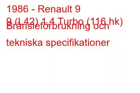 1986 - Renault 9
9 (L42) 1,4 Turbo (116 hk) Bränsleförbrukning och tekniska specifikationer