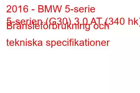 2016 - BMW 5-serie
5-serien (G30) 3.0 AT (340 hk) Bränsleförbrukning och tekniska specifikationer