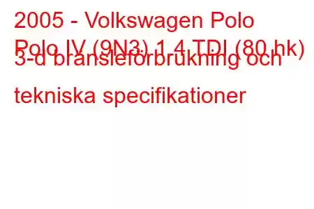 2005 - Volkswagen Polo
Polo IV (9N3) 1.4 TDI (80 hk) 3-d bränsleförbrukning och tekniska specifikationer