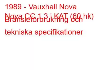 1989 - Vauxhall Nova
Nova CC 1.3 i KAT (60 hk) Bränsleförbrukning och tekniska specifikationer