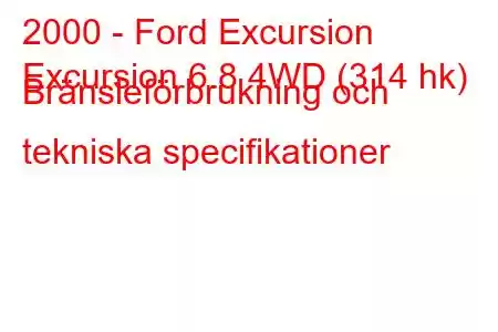 2000 - Ford Excursion
Excursion 6.8 4WD (314 hk) Bränsleförbrukning och tekniska specifikationer