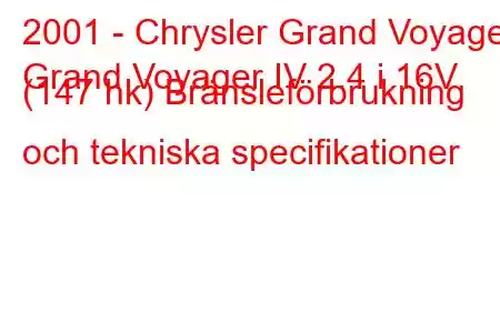 2001 - Chrysler Grand Voyager
Grand Voyager IV 2.4 i 16V (147 hk) Bränsleförbrukning och tekniska specifikationer