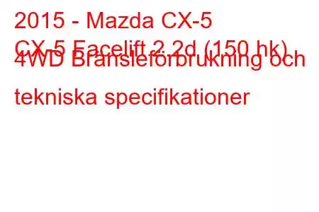 2015 - Mazda CX-5
CX-5 Facelift 2.2d (150 hk) 4WD Bränsleförbrukning och tekniska specifikationer