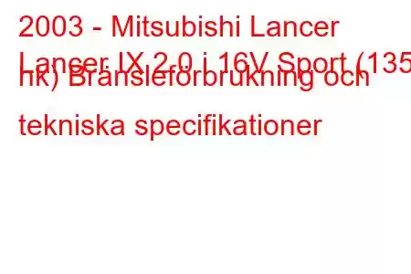 2003 - Mitsubishi Lancer
Lancer IX 2.0 i 16V Sport (135 hk) Bränsleförbrukning och tekniska specifikationer