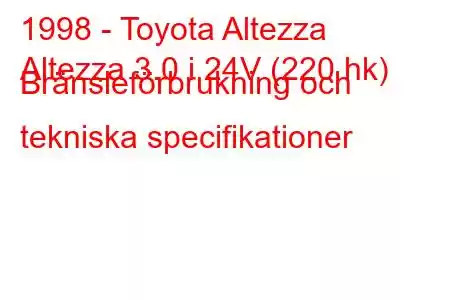 1998 - Toyota Altezza
Altezza 3.0 i 24V (220 hk) Bränsleförbrukning och tekniska specifikationer