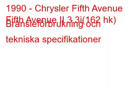 1990 - Chrysler Fifth Avenue
Fifth Avenue II 3.3i(162 hk) Bränsleförbrukning och tekniska specifikationer