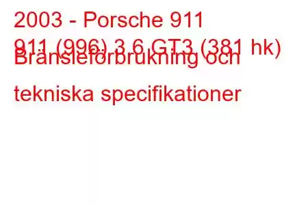 2003 - Porsche 911
911 (996) 3.6 GT3 (381 hk) Bränsleförbrukning och tekniska specifikationer