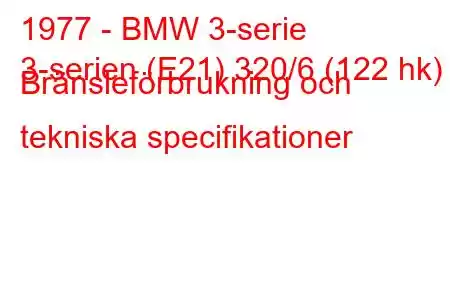 1977 - BMW 3-serie
3-serien (E21) 320/6 (122 hk) Bränsleförbrukning och tekniska specifikationer