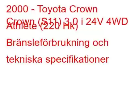 2000 - Toyota Crown
Crown (S11) 3.0 i 24V 4WD Athlete (220 Hk) Bränsleförbrukning och tekniska specifikationer