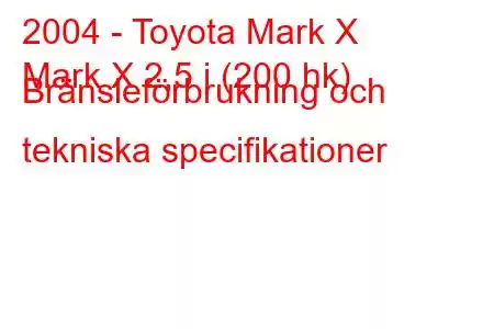 2004 - Toyota Mark X
Mark X 2,5 i (200 hk) Bränsleförbrukning och tekniska specifikationer