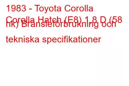 1983 - Toyota Corolla
Corolla Hatch (E8) 1,8 D (58 hk) Bränsleförbrukning och tekniska specifikationer