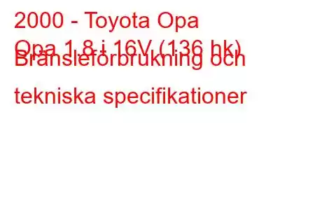 2000 - Toyota Opa
Opa 1.8 i 16V (136 hk) Bränsleförbrukning och tekniska specifikationer