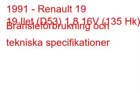 1991 - Renault 19
19 Ilet (D53) 1,8 16V (135 Hk) Bränsleförbrukning och tekniska specifikationer