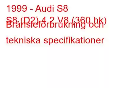 1999 - Audi S8
S8 (D2) 4.2 V8 (360 hk) Bränsleförbrukning och tekniska specifikationer