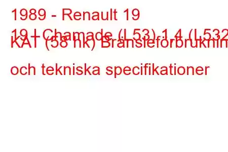 1989 - Renault 19
19 I Chamade (L53) 1,4 (L532) KAT (58 hk) Bränsleförbrukning och tekniska specifikationer