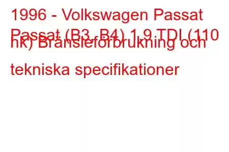 1996 - Volkswagen Passat
Passat (B3, B4) 1,9 TDI (110 hk) Bränsleförbrukning och tekniska specifikationer