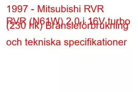 1997 - Mitsubishi RVR
RVR (N61W) 2.0 i 16V turbo (230 hk) Bränsleförbrukning och tekniska specifikationer