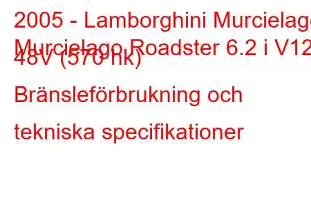 2005 - Lamborghini Murcielago
Murcielago Roadster 6.2 i V12 48V (570 hk) Bränsleförbrukning och tekniska specifikationer